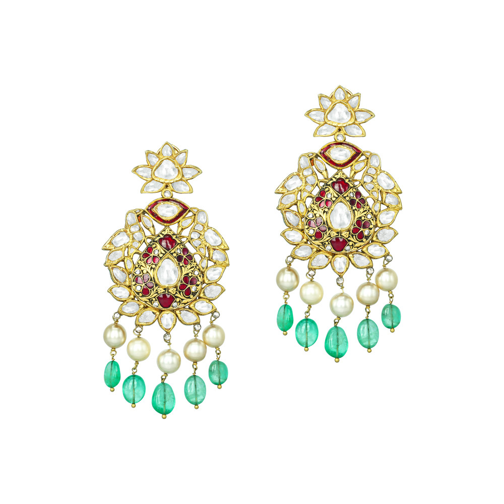 Polki Necklace Set with Red Stones, Emerald Beads, and Pearls